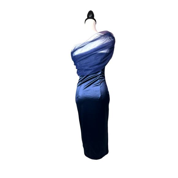 Womans Blue Mesh One Shoulder Sheer Split Thigh Knee Length Satin Dress Size S - Picture 4 of 10